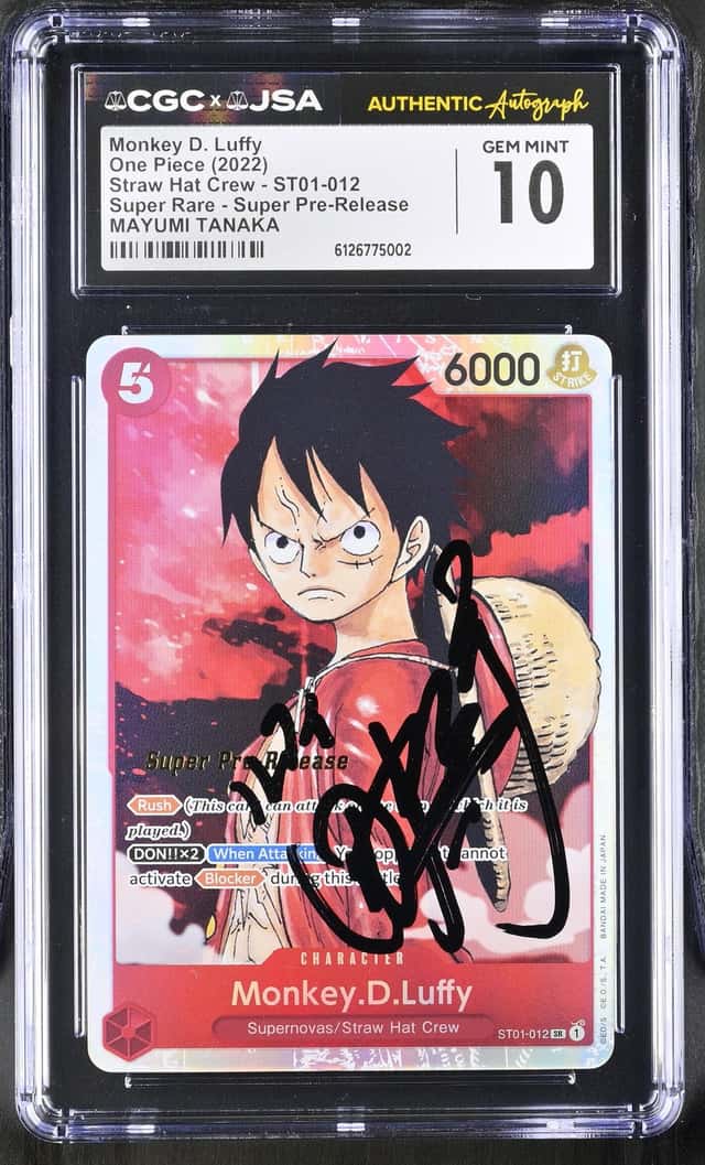 2022 One Piece ST01-12 Super Rare Pre-Release Straw Hat Crew Monkey D. Luffy, Signed by Mayumi Tanaka - CGC GEM MINT 10, JSA