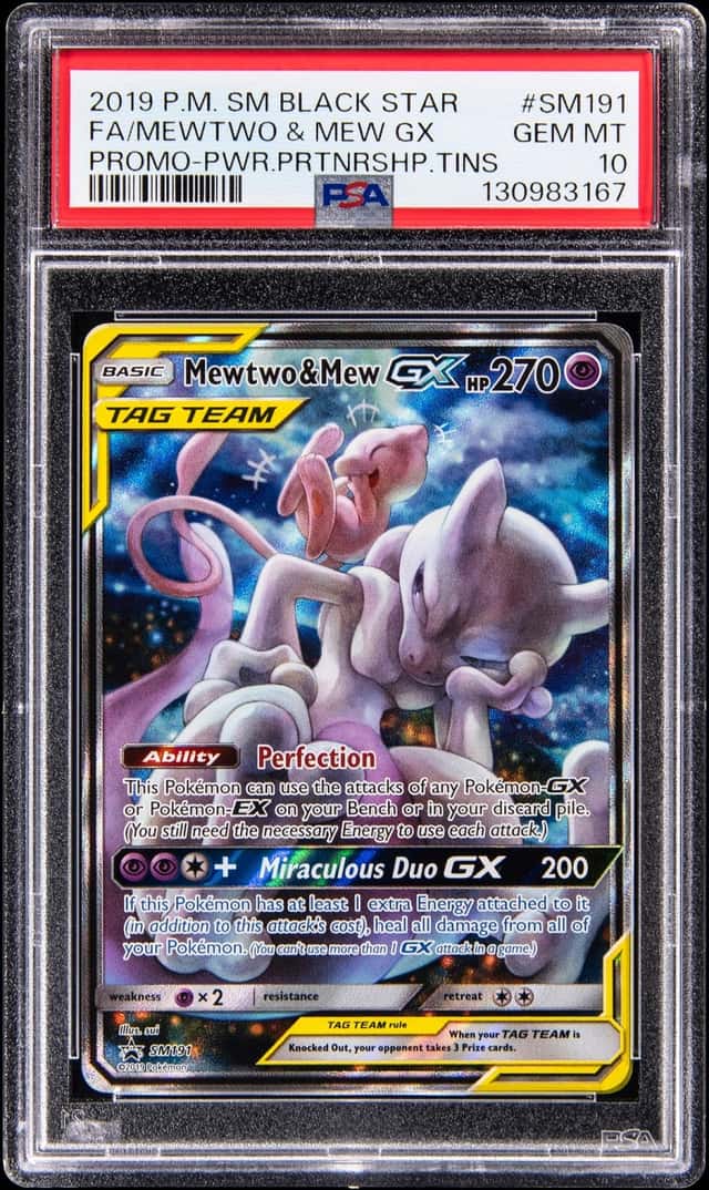2019 Pokemon Sun & Moon Black Star Promo Power Partnership Tins Full Art #SM191 Mewtwo & Mew GX - PSA GEM MT 10