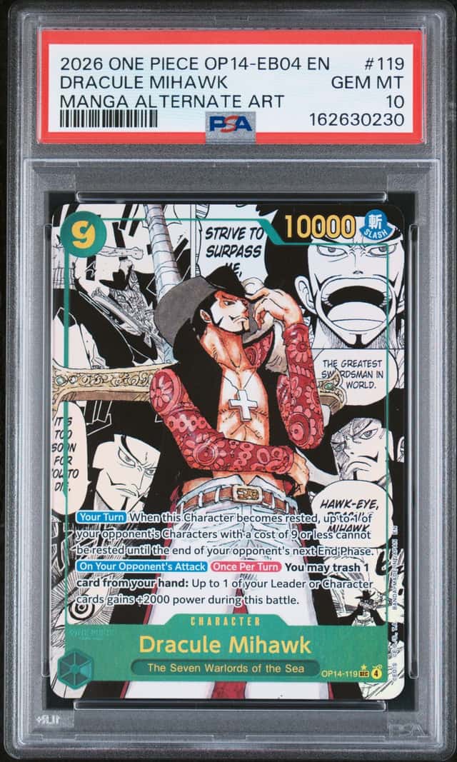 2026 One Piece OP14-EB04 EN #119 Dracule Mihawk Manga Alternate Art PSA 10