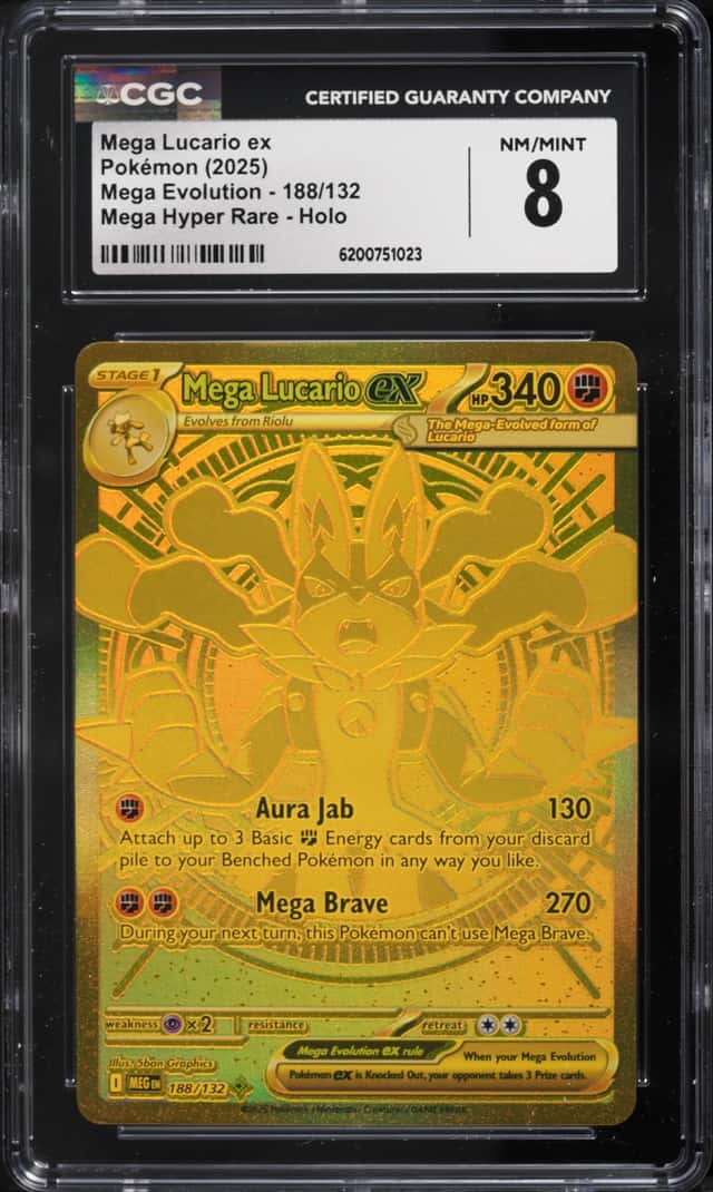 2025 Pokemon Mega Evolution Gold Rare Mega Lucario Ex #188 CGC 8 NM-MT
