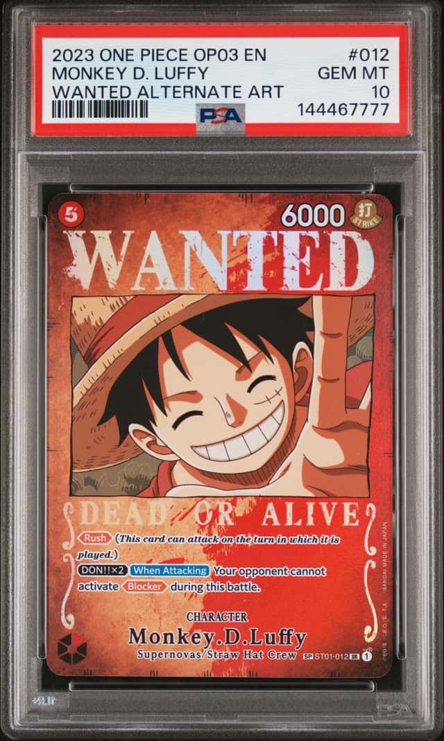 2023 ONE PIECE OP03-012 PILLARS OF STRENGTH MONKEY D LUFFY WANTED SP PSA 10