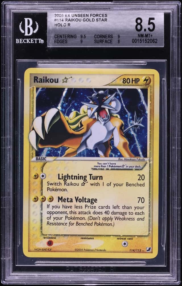 2005 Pokemon EX Unseen Forces Holo Raikou Gold Star #114 BGS 8.5 NM-MT+