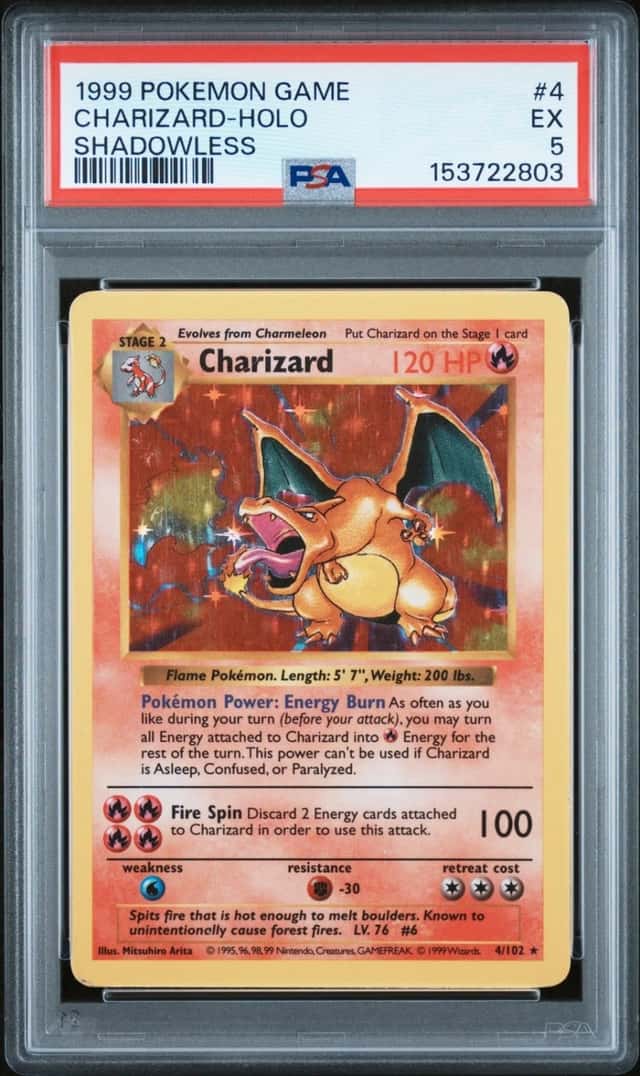 1999 POKEMON BASE SET SHADOWLESS #4 CHARIZARD-HOLO PSA 5