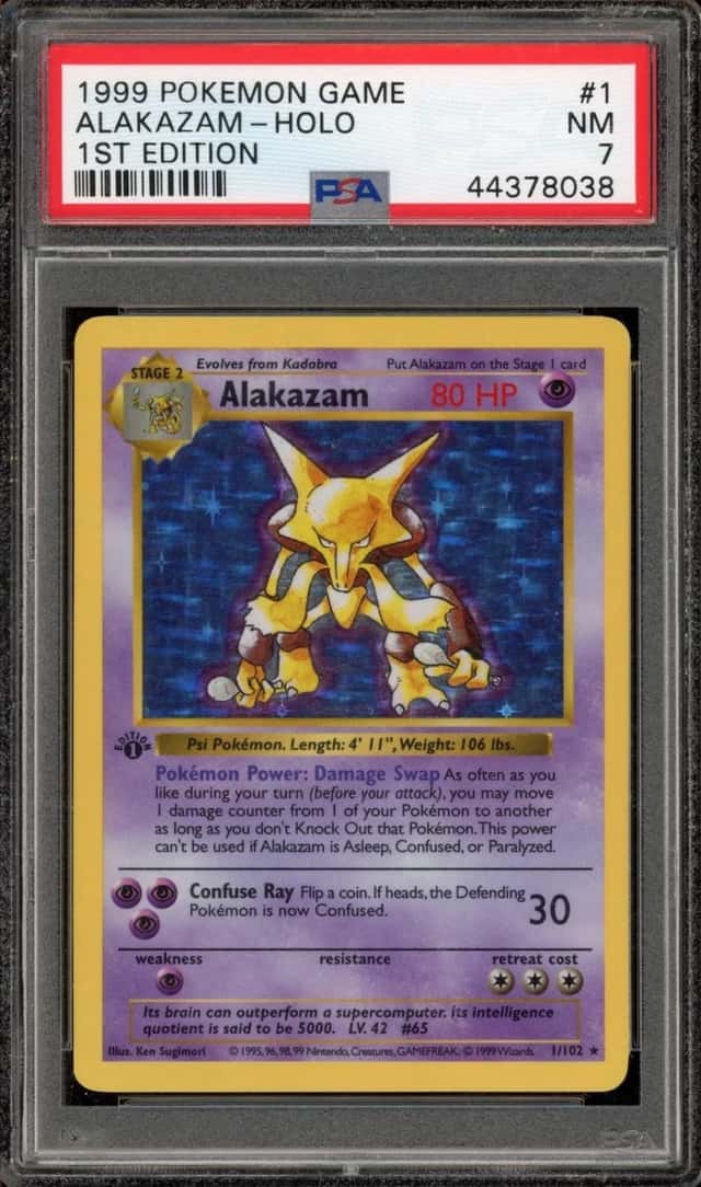 Pokemon Alakazam Holo 1/102 Base Set Shadowless 1st Edition PSA 7
