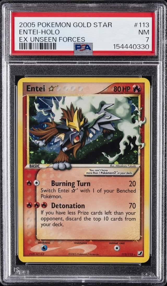 Pokemon Entei Gold Star Holo EX Unseen Forces 113/115 PSA 7