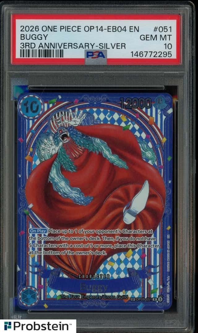 2026 One Piece OP14-EB04 EN 3rd Anniversary Silver #051 Buggy PSA 10 GEM MINT