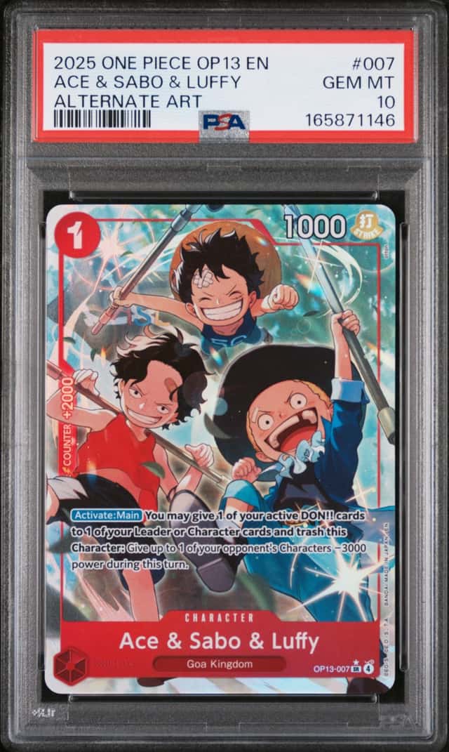 2025 ONE PIECE OP13-CARRYING ON HIS WILL ALTERNATE ART ACE & SABO & LUFFY PSA 10
