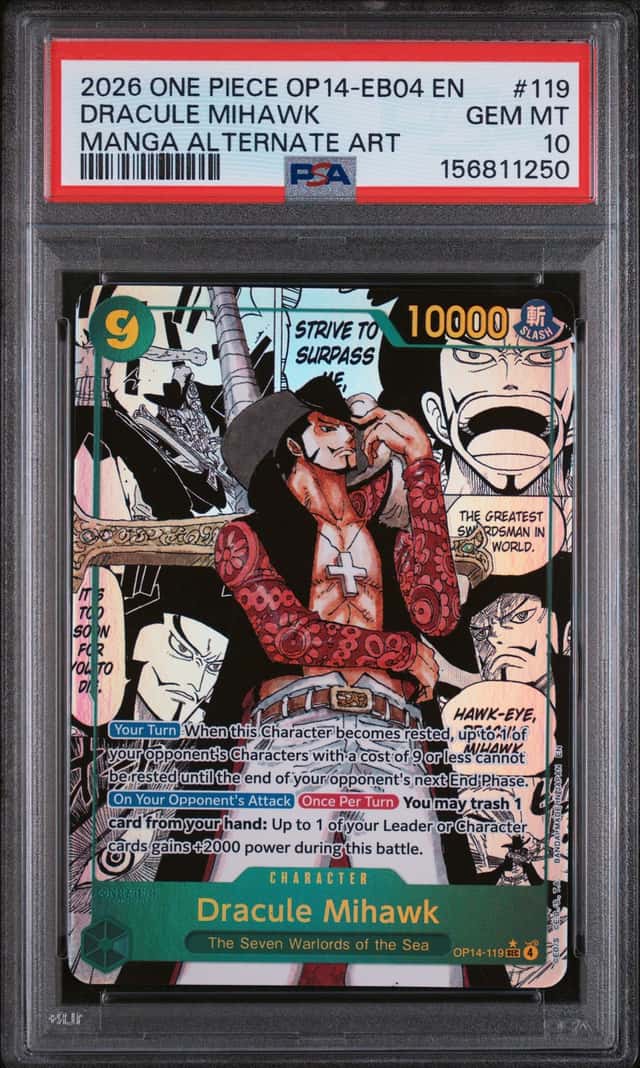 2026 One Piece The Azure Sea's Seven Manga Art Dracule Mihawk #OP14-119 PSA 10 GEM MINT