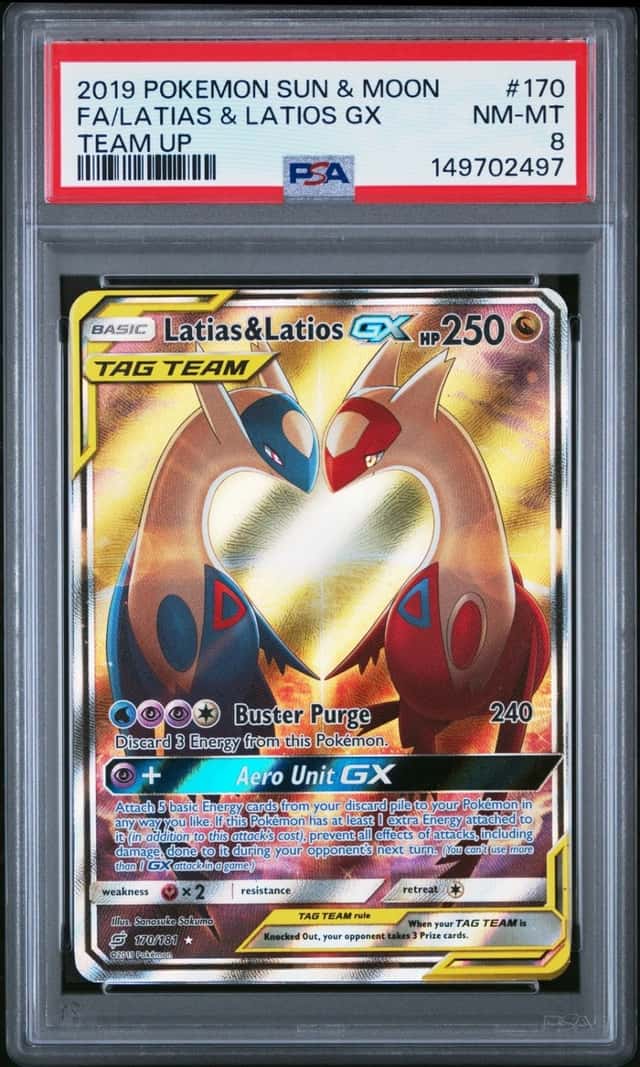 2019 POKEMON SUN & MOON TEAM UP #170 FULL ART/LATIAS & LATIOS GX PSA 8