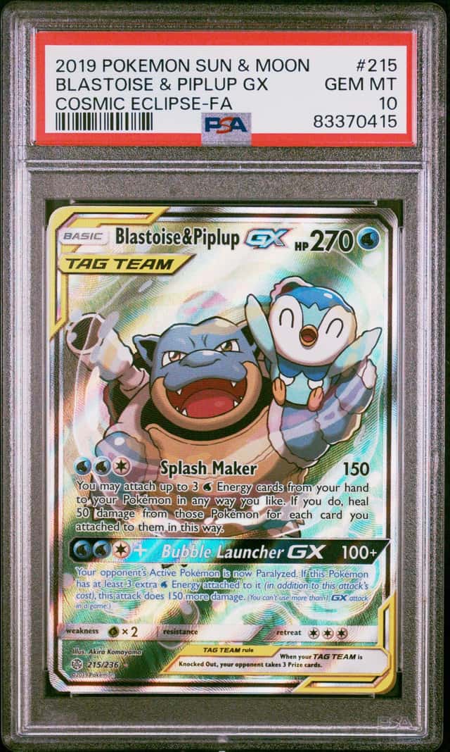 2019 Pokemon Sun & Moon Cosmic Eclipse Blastoise Piplup Tag Team #215/236 PSA 10