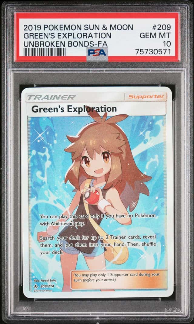 2019 Pokemon Sun & Moon Unbroken Bonds #209 Green's Exploration PSA 10
