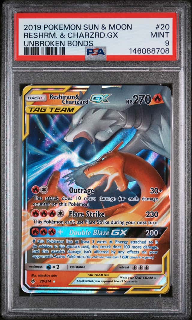 2019 Pokemon Sun & Moon Unbroken Bonds Reshiram & Charizard GX #20 PSA 9