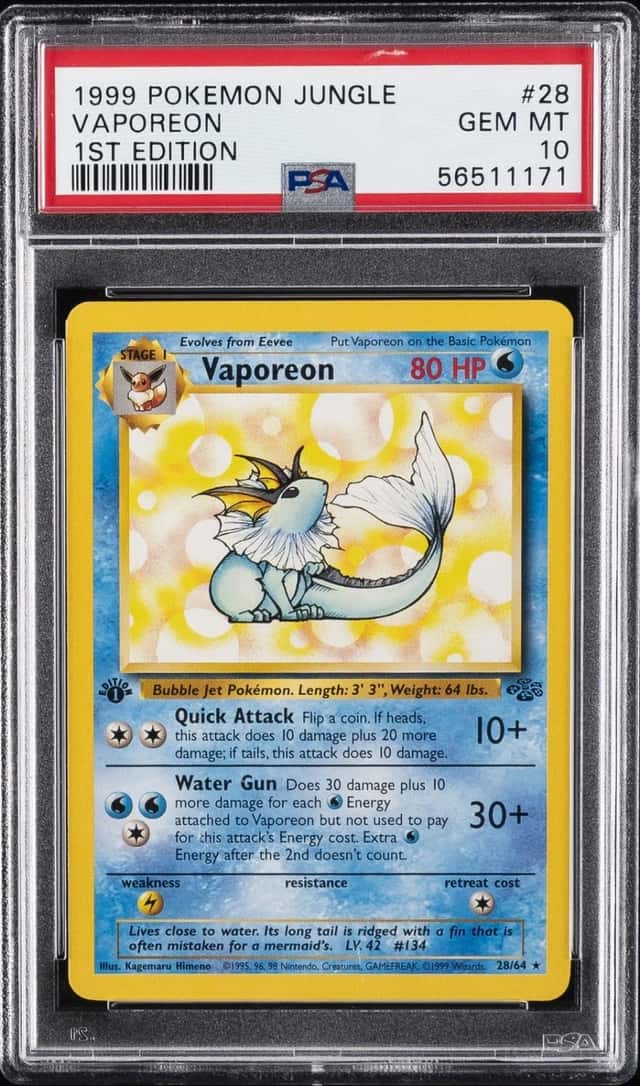 1999 POKEMON JUNGLE 1ST EDITION #28 VAPOREON PSA 10