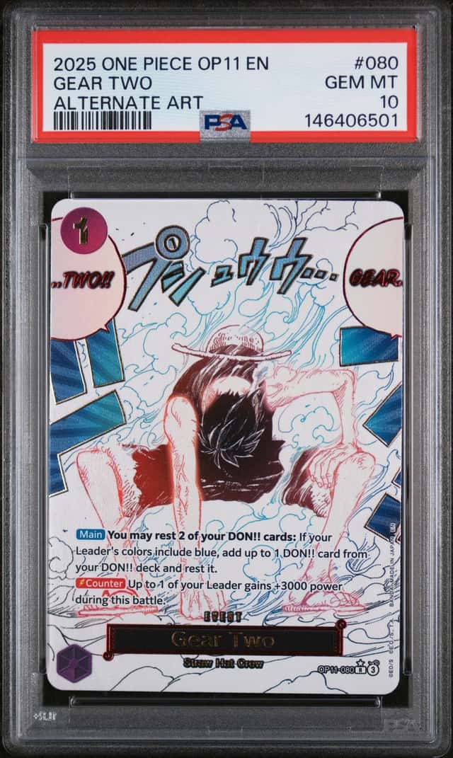 One Piece 2025 English OP11-080 Gear Two Alternative Art PSA 10 Monkey D Luffy