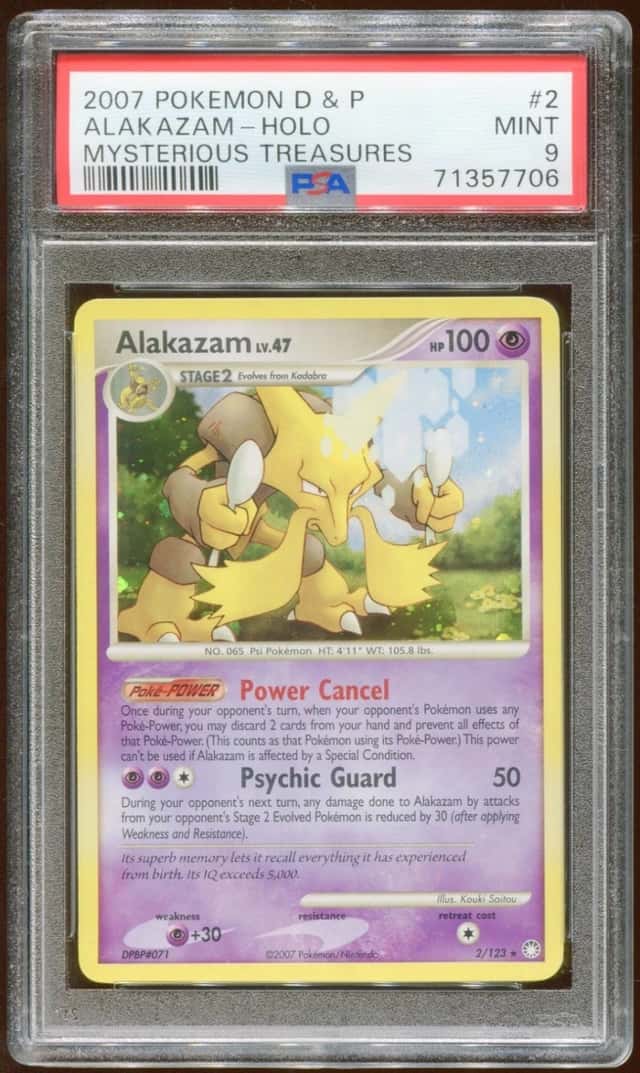 2007 POKEMON D & P MYSTERIOUS TREASURES ALAKAZAM LV. 47 #2/123 HOLO PSA 9 E8