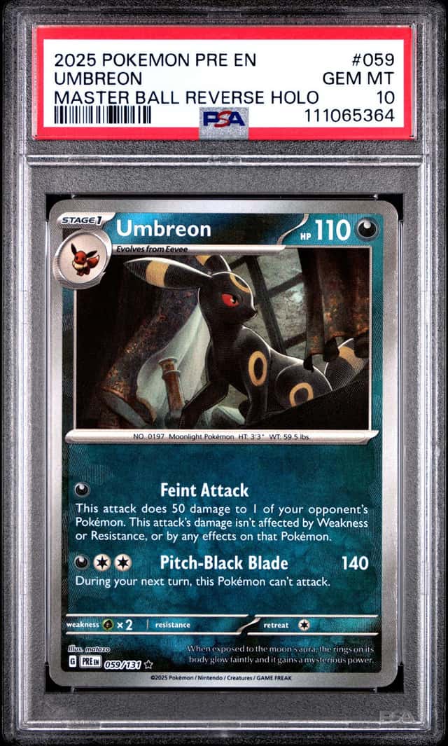 Pokemon 2025 Umbreon 059 Master Ball Reverse Prismatic Evolutions GEM MT PSA 10