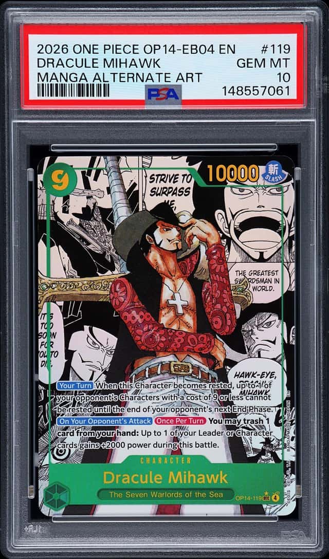 2026 One Piece OP14-EB04 EN #119 Dracule Mihawk Manga Alternate Art PSA 10