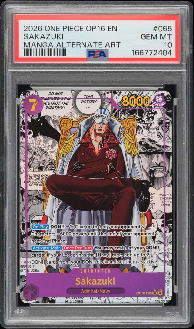 2026 ONE PIECE OP16-THE TIME OF BATTLE MANGA ALTERNATE ART #065 SAKAZUKI PSA 10