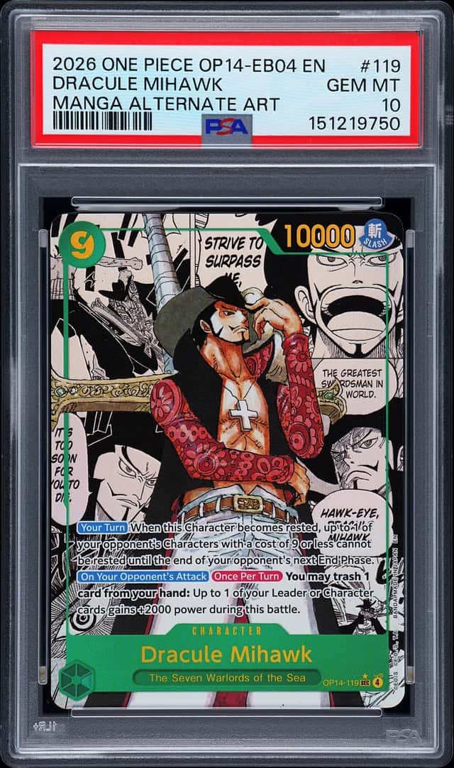 2026 One Piece OP14-EB04 En #119 Dracule Mihawk Manga Alternate Art PSA 10