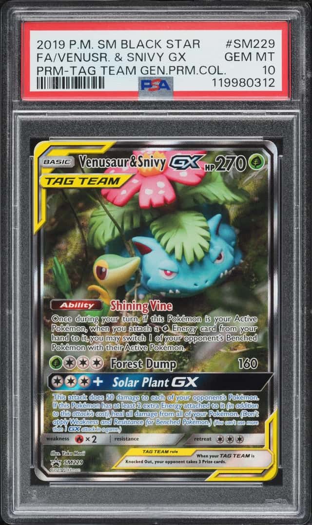 2019 Pokemon SM Promo Tag Team Generations Premium Full Art Venusaur & Snivy Gx #SM229 PSA 10