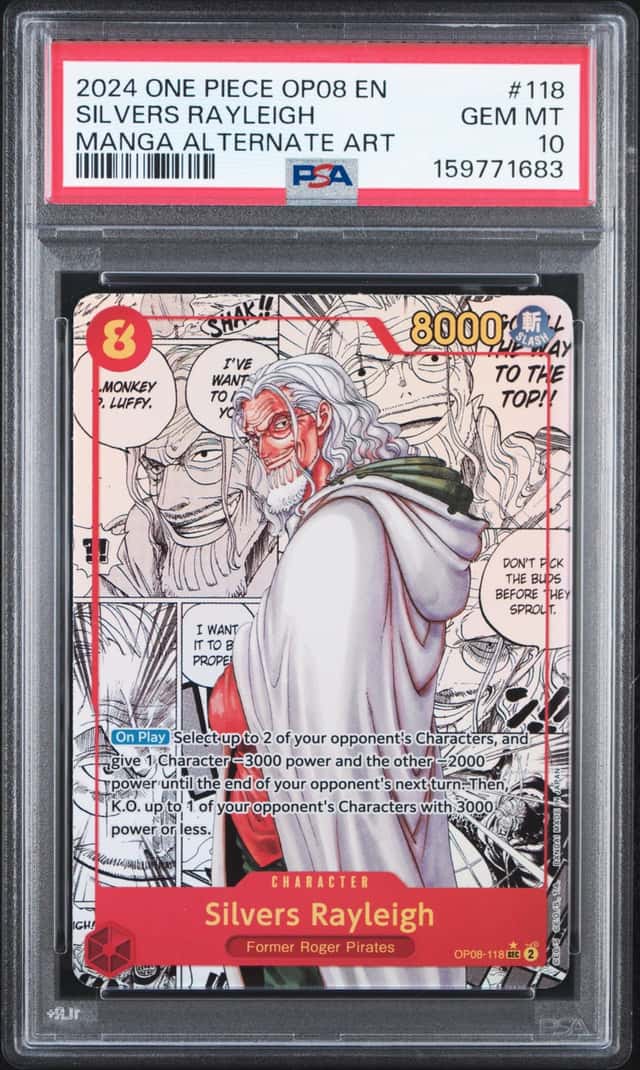 One Piece CCG Silvers Rayleigh Two Legends Manga Alternative Art OP08-118 PSA 10