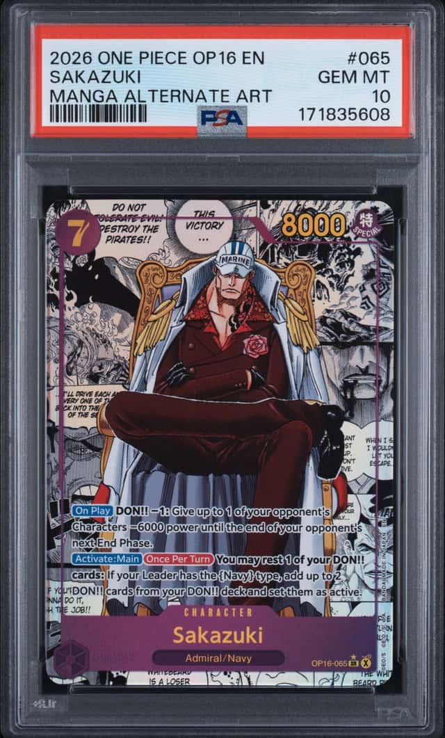 2026 One Piece English OP16-065 Sakazuki Manga Alternate Art Super Rare PSA 10