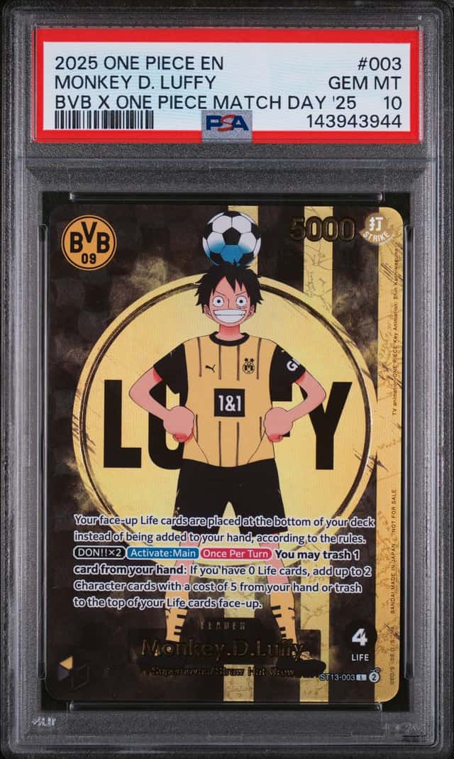 2025 ONE PIECE PROMOS BVB X ONE PIECE MATCH DAY 2025 #003 MONKEY D. LUFFY PSA 10