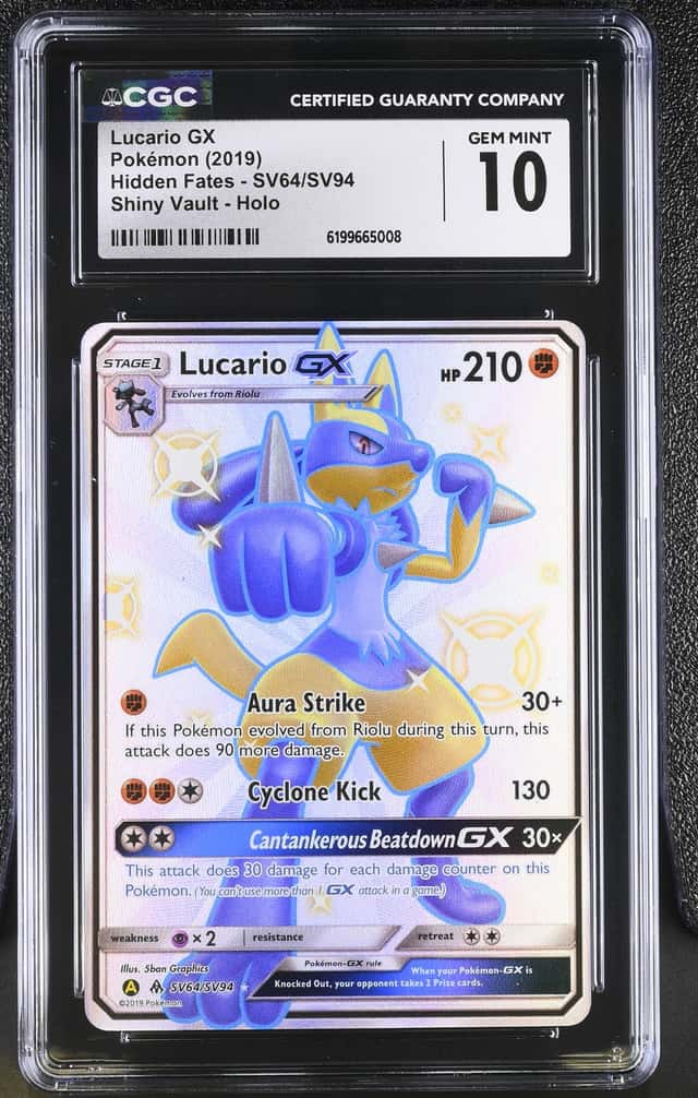 2019 Pokemon Sun & Moon Hidden Fates Shiny Vault Full Art Lucario GX #SV64 CGC 10 GEM