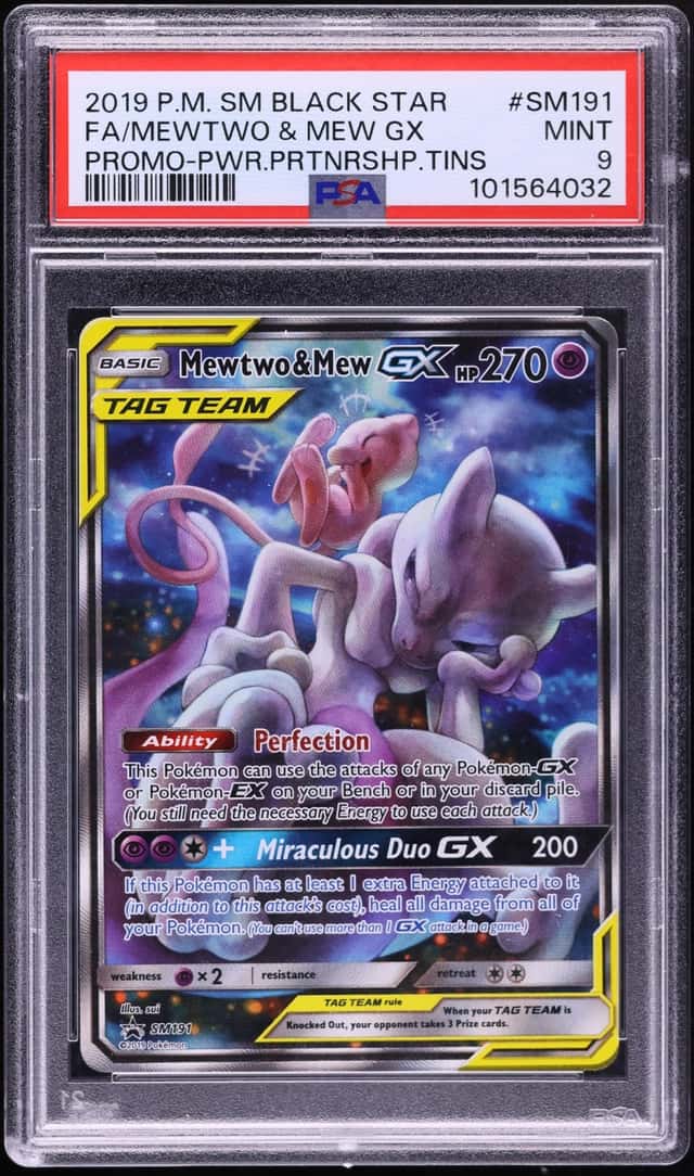 2019 Pokemon Sun & Moon Promo Power Partnership Tins Full Art Mewtwo & Mew GX #SM191 PSA 9 MINT