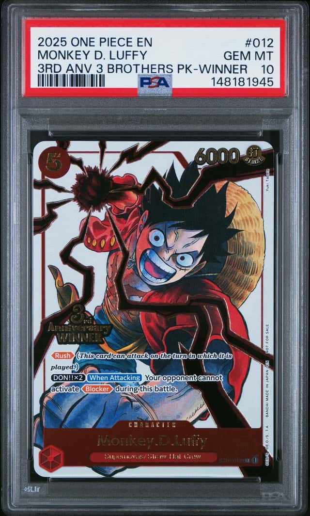 2025 One Piece En 3rd Anniversary 3 Brothers Winner #012 Monkey D. Luffy PSA 10