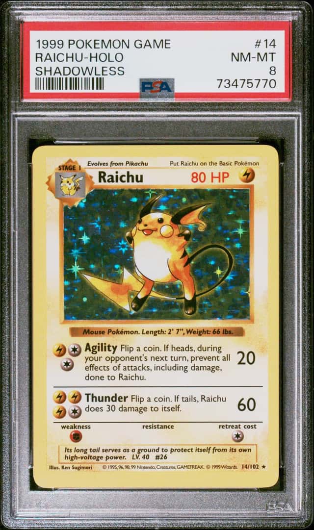 1999 Pokemon Game Base Shadowless #14 Raichu Holo PSA 8 NM-MT