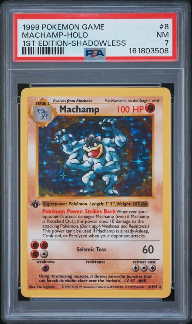 1999 POKEMON BASE SET 1ST EDITION-SHADOWLESS #8 MACHAMP-HOLO PSA 7