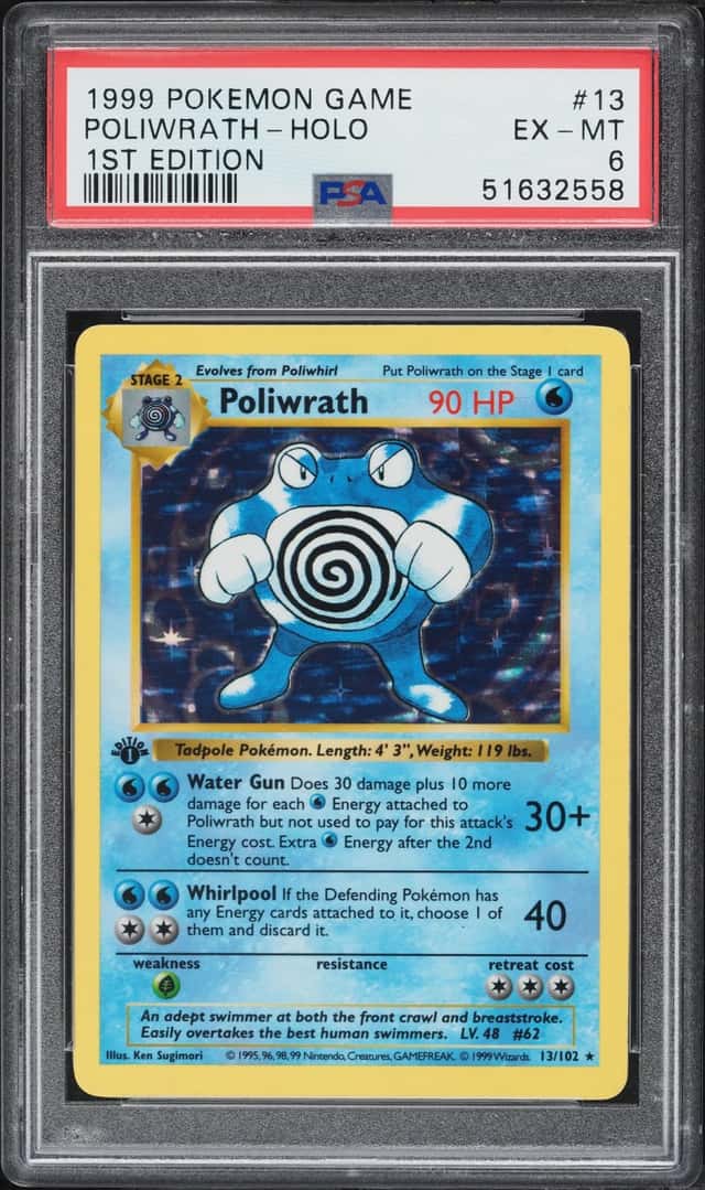 1999 Pokemon Base Set Shadowless 1st Edition Holo Poliwrath #13 PSA 6 EXMT