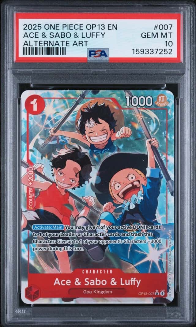 2025 ONE PIECE OP13-CARRYING ON HIS WILL ALTERNATE ART ACE & SABO & LUFFY PSA 10
