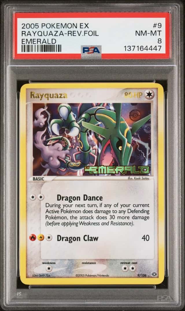 2005 POKEMON EX EMERALD #9 RAYQUAZA-REVERSE FOIL PSA 8