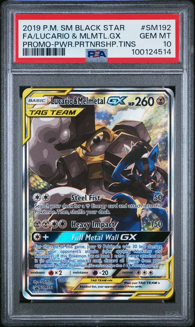 2019 POKEMON SM POWER PARTNERSHIP TINS FULL ART/LUCARIO & MELMETAL GX PSA 10