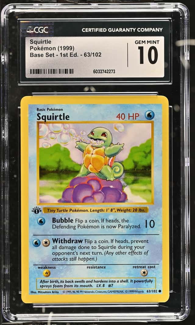 Pokemon Cards CGC 10 Gem Mint Squirtle 1st Edition Base Set 1999 Non Holo 63/102