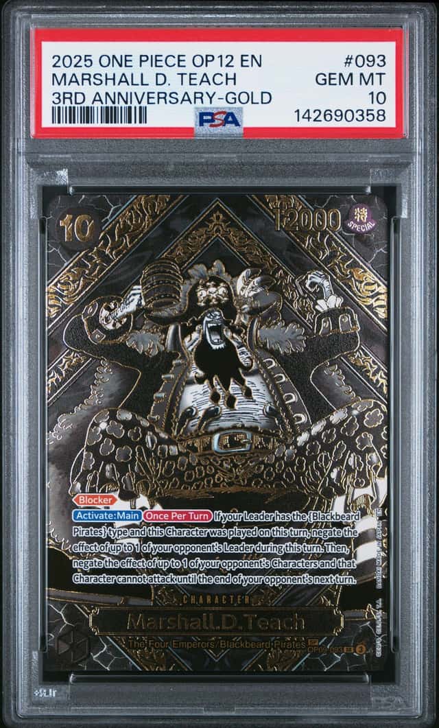 2025 One Piece OP12 EN 3rd Anniversary Gold #093 Marshall D Teach PSA 10