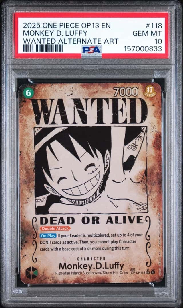 One Piece Monkey D. Luffy Carrying On His Will Op13-118 Wanted Alt Art PSA 10