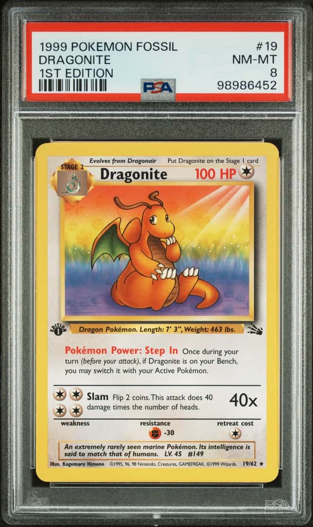 1999 Pokemon Fossil 1st Edition #19 Dragonite PSA 8 NM-MT
