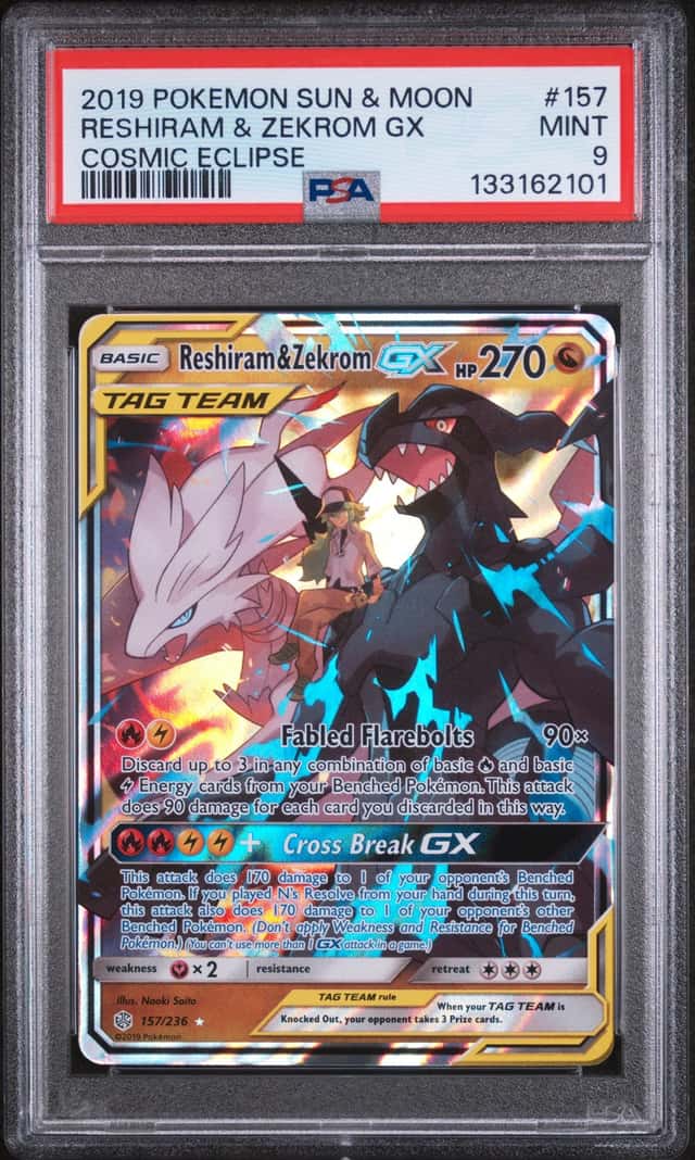 Reshiram and Zekrom GX 157 PSA 9 Cosmic Eclipse 2019 Sun and Moon Pokemon Mint