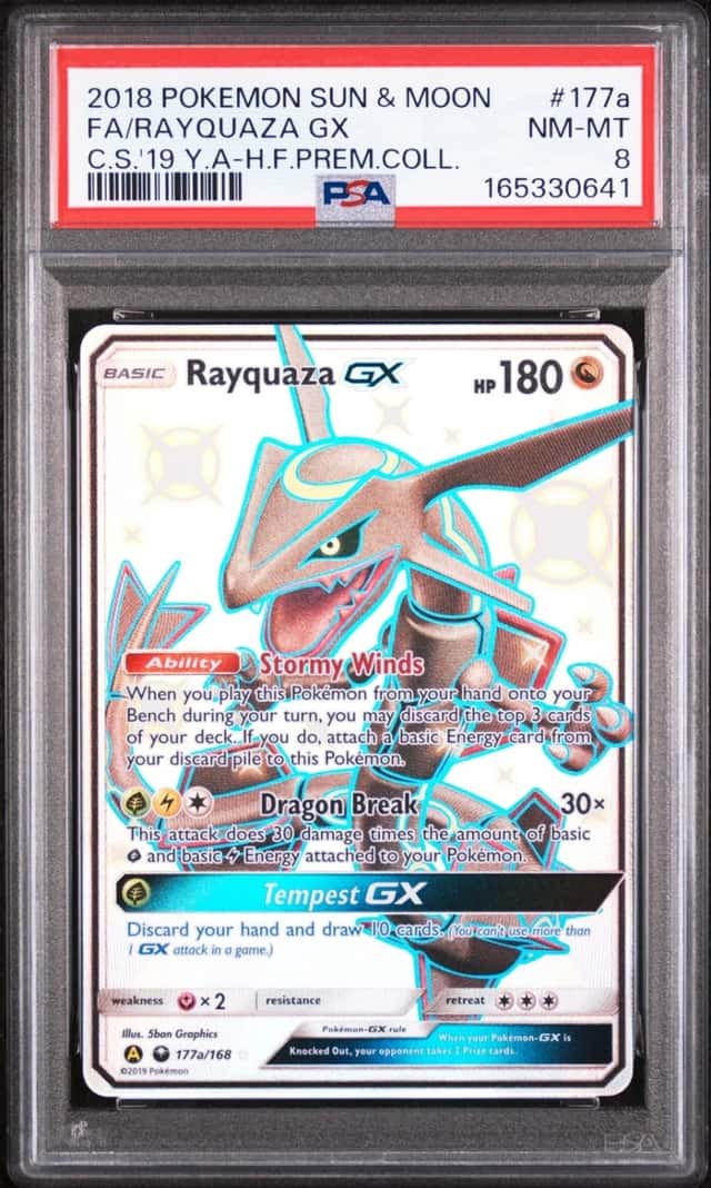 2018 POKEMON SUN & MOON CELESTIAL STORM #177A FULL ART/RAYQUAZA GX PSA 8