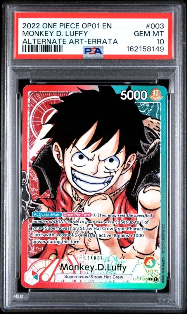 2022 ONE PIECE MONKEY D. LUFFY ALT ART-ERRATA OP01-ROMANCE DAWN #003 PSA 10