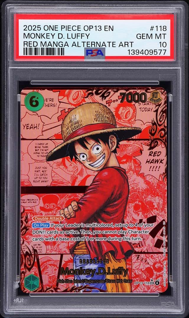 2025 One Piece Monkey D. Luffy Red Manga Art SSP #OP13-118 PSA 10 GEM MINT
