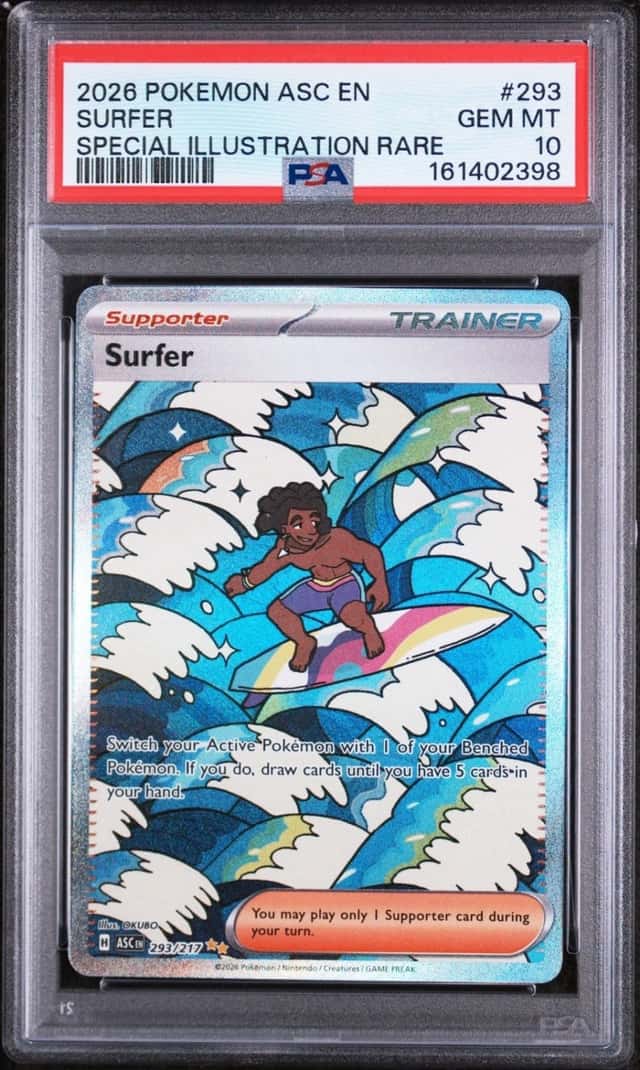 Pokemon Surfer 293/217 Me: Ascended Heroes SIR Holo EN PSA 10 Trainer