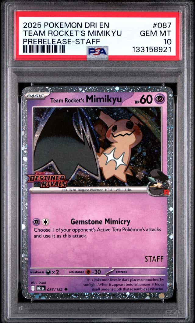 TEAM ROCKET'S MIMIKYU 2025 POKEMON DESTINED RIVALS PRERELEASE STAFF PSA 10 Q5966