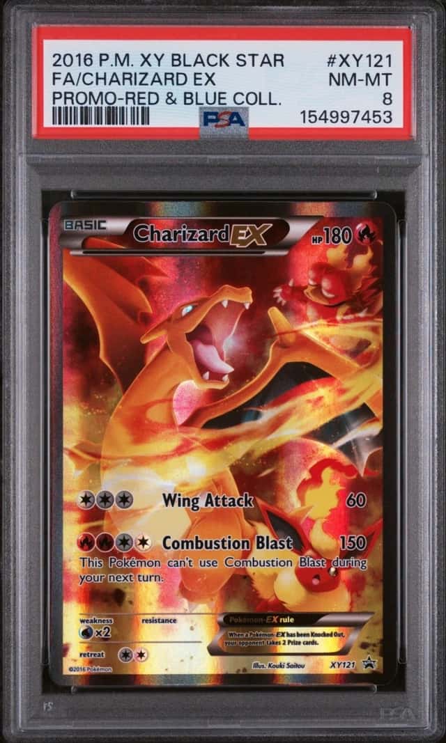 2016 POKEMON XY BLACK STAR PROMO XY121 FA/CHARIZARD EX RED & BLUE COLL. PSA 8
