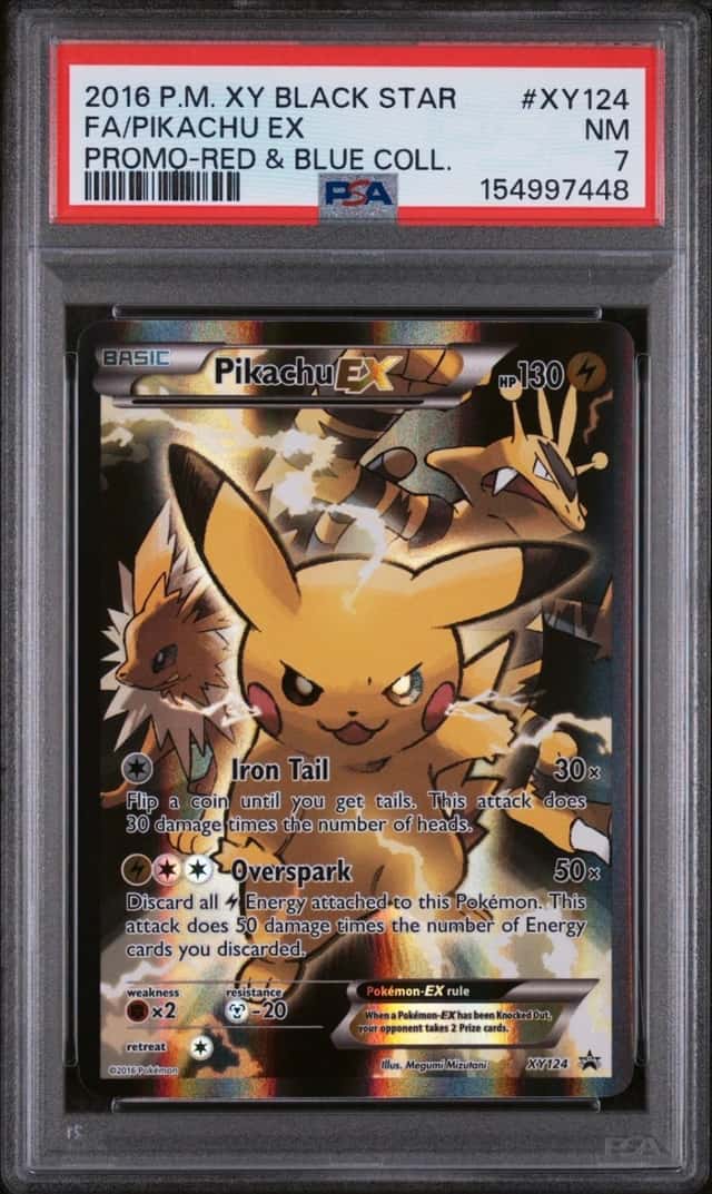 2016 POKEMON XY BLACK STAR PROMO XY124 FA/PIKACHU EX RED & BLUE COLLECTION PSA 7