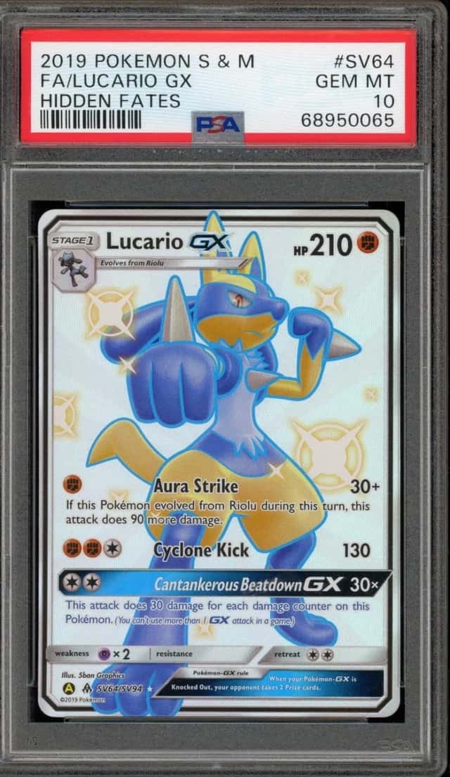 Pokemon Lucario GX Hidden Fates Full Art SV64 PSA 10 Gem Mint