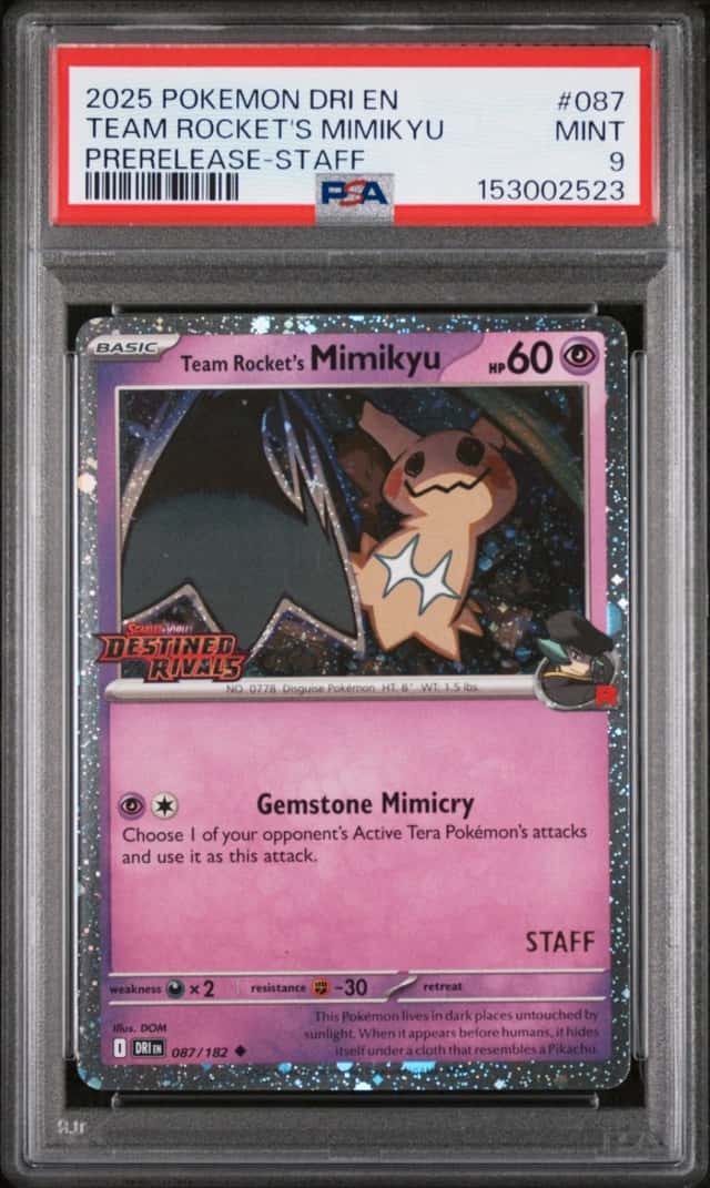 Pokemon Team Rocket's Mimikyu Destined Rivals 087/182 Prerelease Staff PSA 9